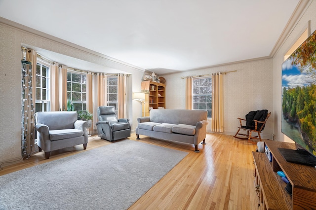 living room featuring ornamental molding and hardwood / wood-style flooring