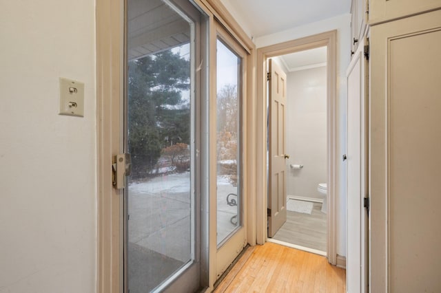 doorway to outside with crown molding and light hardwood / wood-style flooring