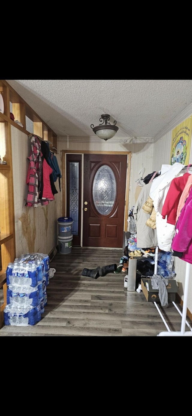 mudroom featuring wood walls, dark hardwood / wood-style flooring, and a textured ceiling