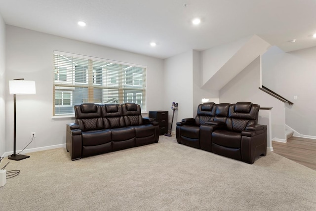 living room with light colored carpet