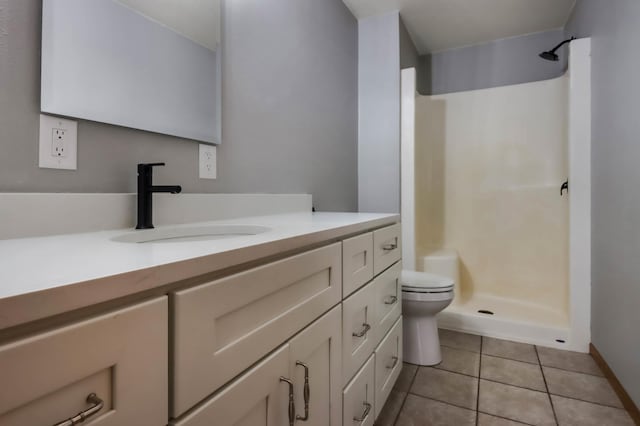 bathroom with walk in shower, vanity, toilet, and tile patterned flooring