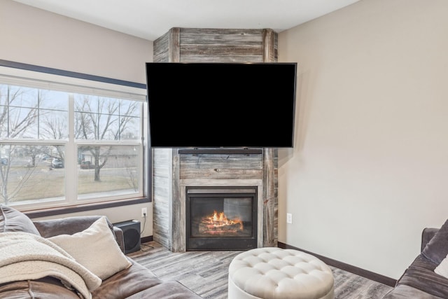 living room with a large fireplace and light hardwood / wood-style flooring