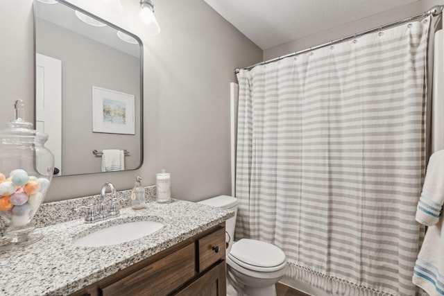 bathroom with vanity, a textured ceiling, and toilet