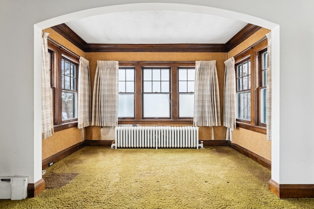 carpeted empty room featuring crown molding and radiator heating unit