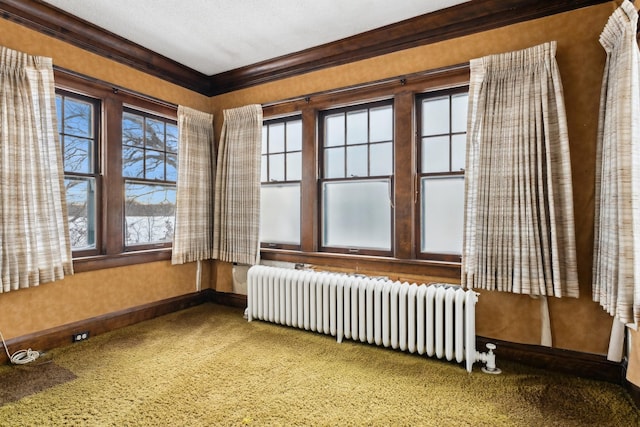 interior space featuring carpet floors, radiator, and ornamental molding