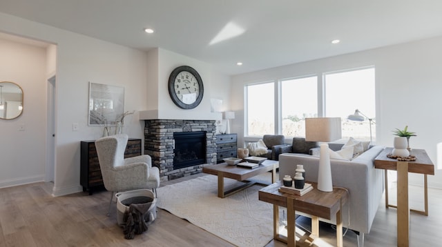 living room featuring a fireplace and light wood-type flooring