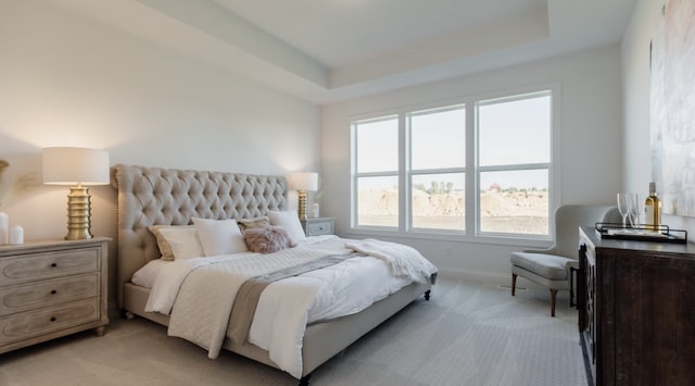 bedroom with light colored carpet and a tray ceiling