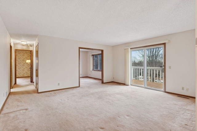 unfurnished room featuring a textured ceiling and light colored carpet