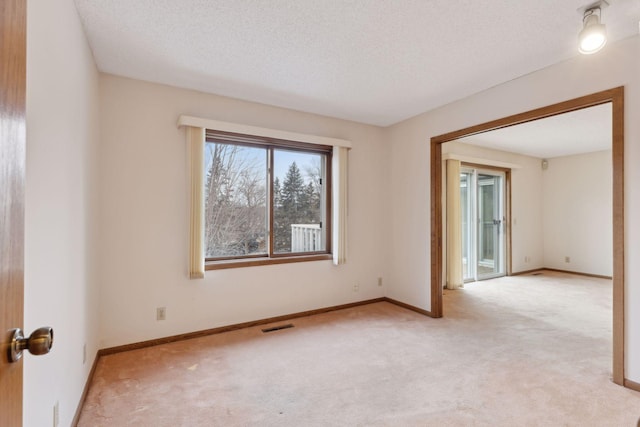 unfurnished room featuring light carpet and a textured ceiling