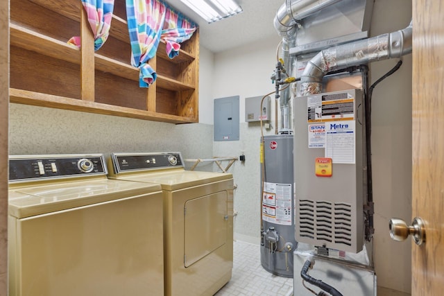 laundry area featuring independent washer and dryer, electric panel, and water heater