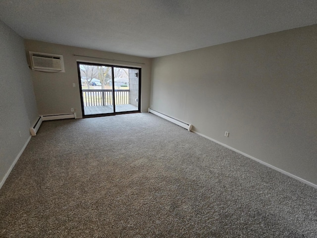 empty room with a wall mounted AC, carpet, and a baseboard heating unit