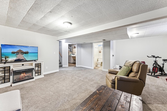 living room with carpet floors and washer / dryer