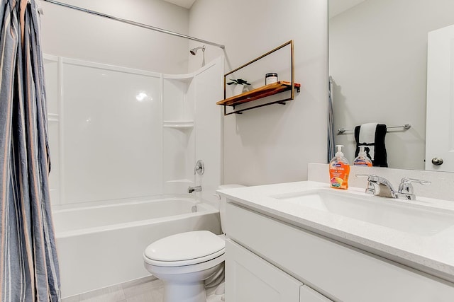 full bathroom featuring tile patterned floors, vanity, toilet, and shower / bathtub combination with curtain