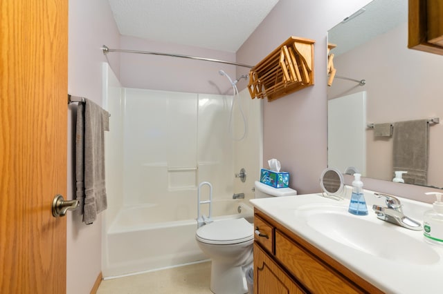 full bathroom with vanity, toilet, washtub / shower combination, and a textured ceiling