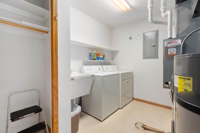 clothes washing area with electric panel, separate washer and dryer, and a textured ceiling