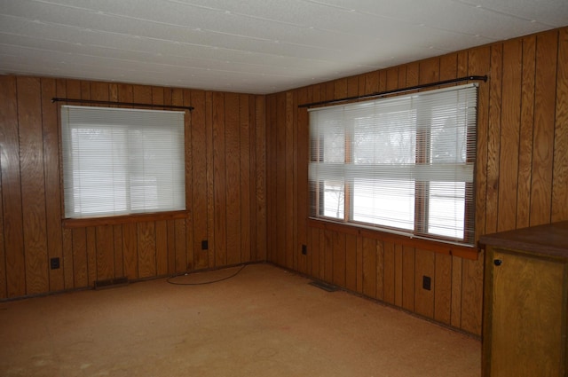 carpeted empty room with wood walls