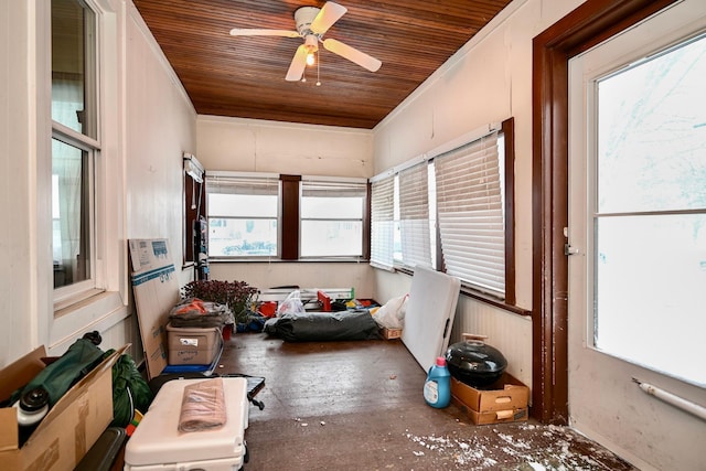 sunroom / solarium featuring ceiling fan and wood ceiling