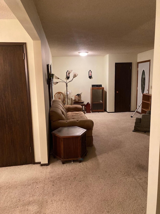 living room featuring a textured ceiling and light carpet