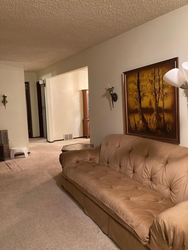 living room featuring a textured ceiling and light colored carpet