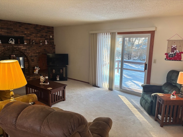 living room with a textured ceiling, light carpet, and a brick fireplace