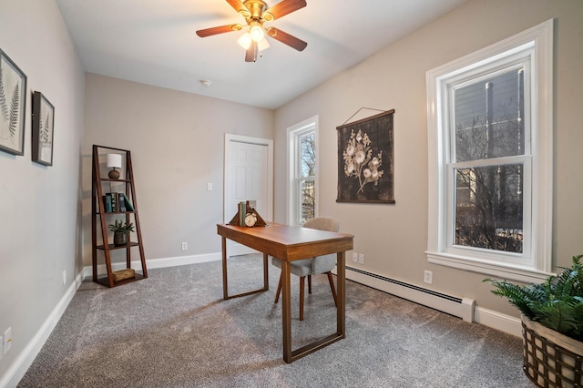 carpeted home office with a baseboard radiator and ceiling fan