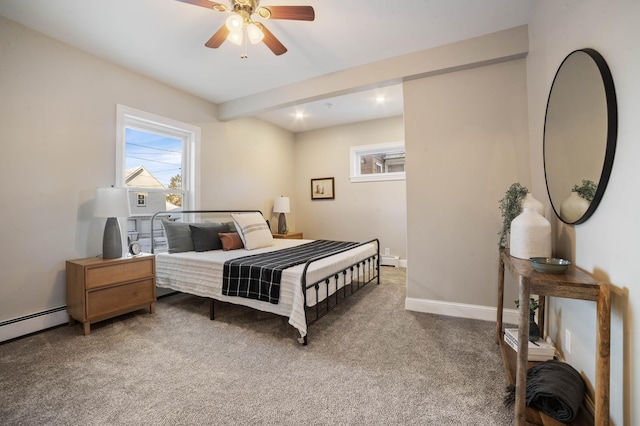 carpeted bedroom with ceiling fan and baseboard heating