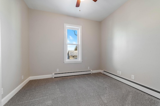 spare room featuring carpet floors, ceiling fan, and a baseboard heating unit