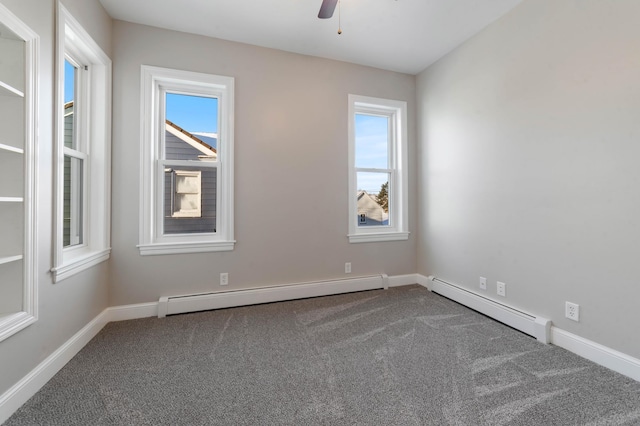 unfurnished room featuring baseboard heating, ceiling fan, and carpet flooring