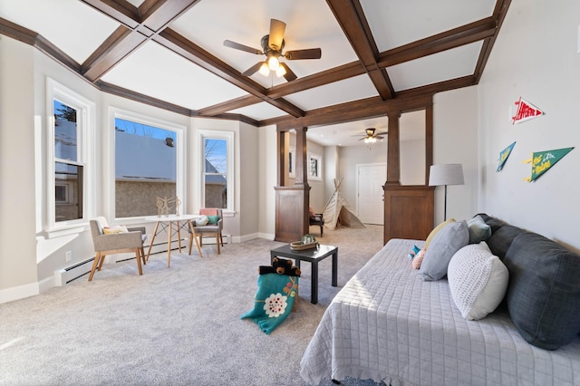 bedroom featuring ceiling fan, carpet, and coffered ceiling