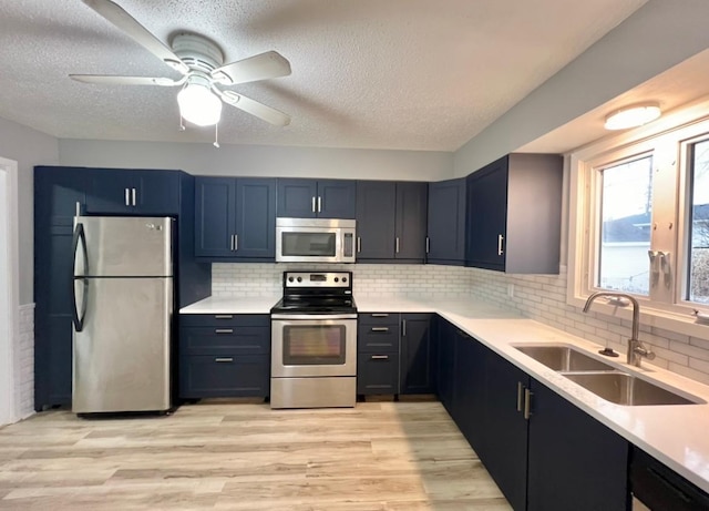 kitchen featuring sink, tasteful backsplash, light hardwood / wood-style flooring, blue cabinets, and appliances with stainless steel finishes