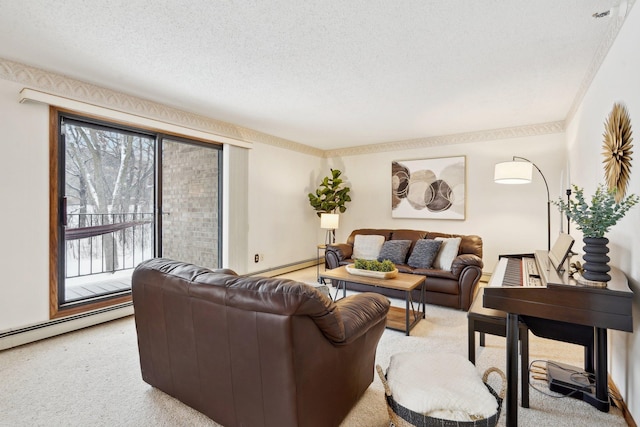 living room with light carpet, a textured ceiling, and ornamental molding