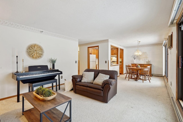 carpeted living room featuring a chandelier and a textured ceiling