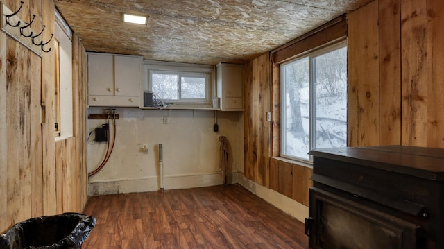 clothes washing area featuring cabinets, dark hardwood / wood-style floors, a healthy amount of sunlight, and wood walls