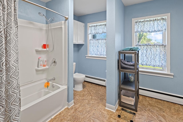 bathroom featuring tile patterned floors, toilet, washtub / shower combination, and a baseboard heating unit