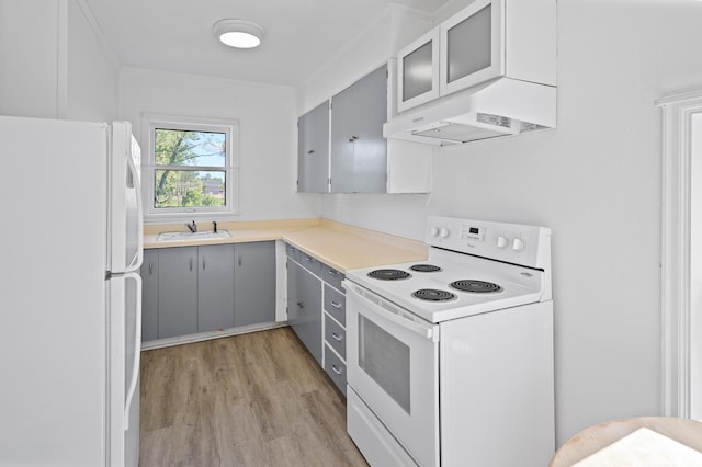 kitchen with gray cabinetry, white appliances, exhaust hood, sink, and light hardwood / wood-style flooring