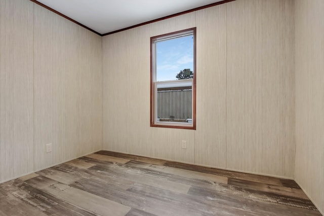 spare room featuring wood-type flooring and ornamental molding