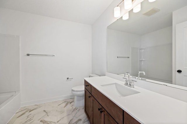 full bathroom with tub / shower combination, vanity, and toilet