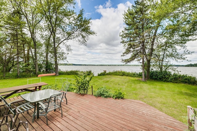 wooden deck with a water view and a lawn