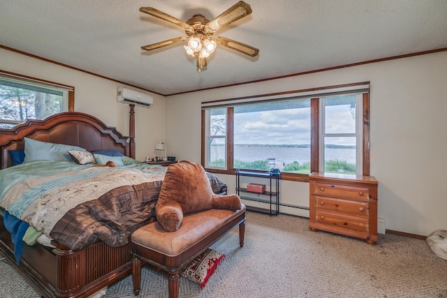 carpeted bedroom featuring a textured ceiling, a water view, a wall unit AC, and ceiling fan