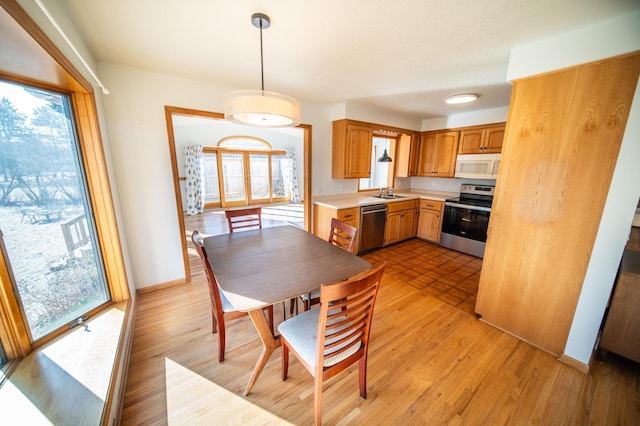 dining space with baseboards, light wood-style floors, and a healthy amount of sunlight