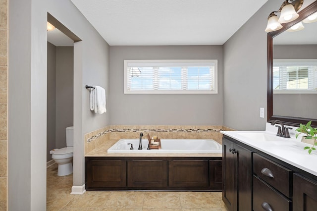 bathroom with vanity, a healthy amount of sunlight, a washtub, and toilet