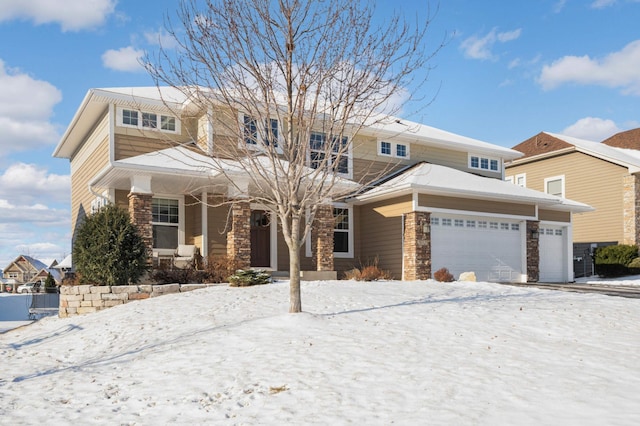 view of front of house featuring a garage, stone siding, and a porch