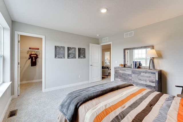 carpeted bedroom featuring a spacious closet, a closet, and a textured ceiling