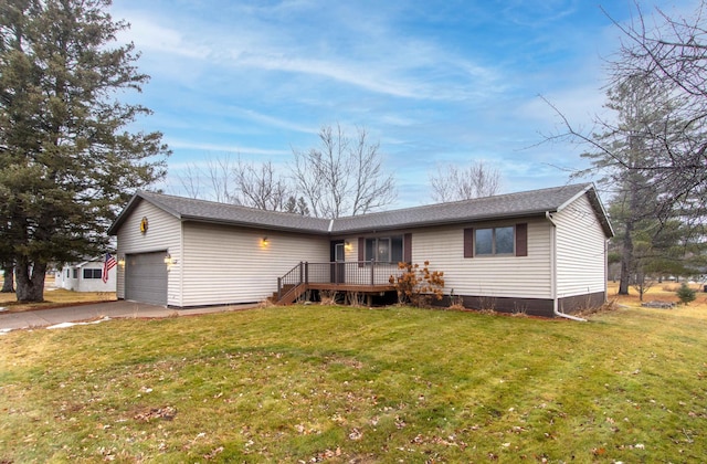 ranch-style home featuring a front yard and a deck