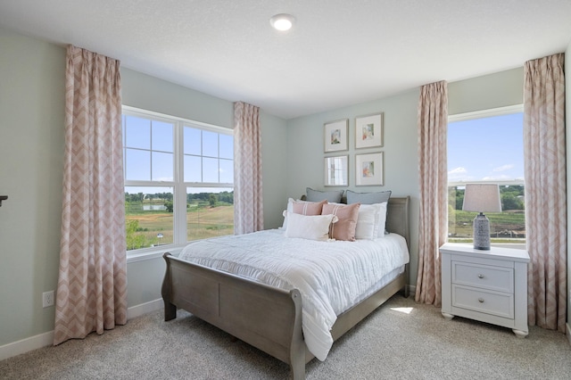 bedroom featuring light colored carpet