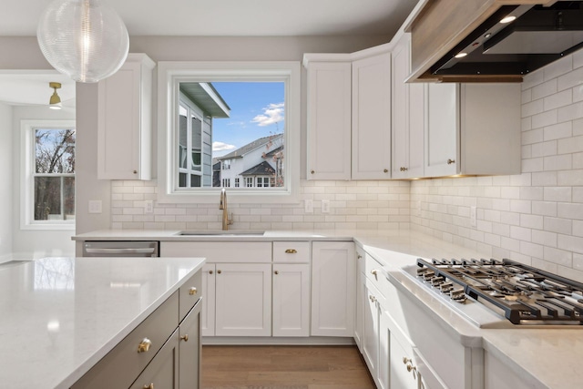 kitchen featuring white cabinets, custom range hood, appliances with stainless steel finishes, and sink