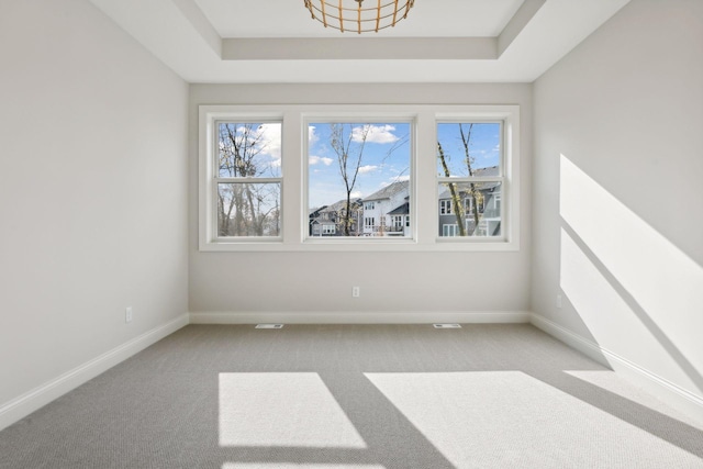 carpeted empty room featuring a raised ceiling