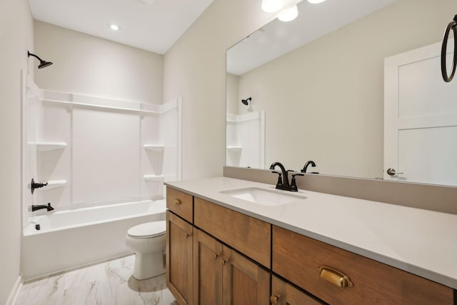 full bathroom featuring vanity, shower / bath combination, and toilet