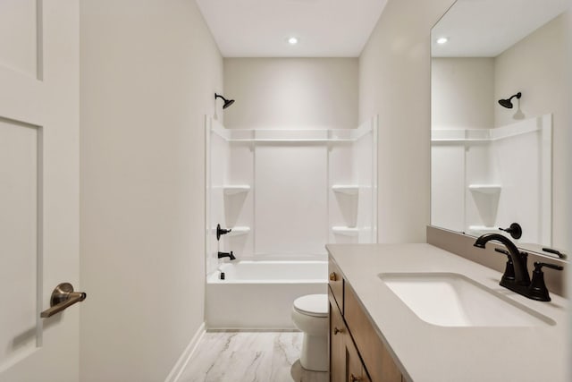 full bathroom featuring vanity, toilet, and  shower combination