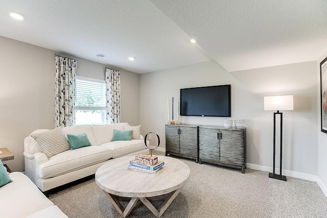 carpeted living room with a textured ceiling